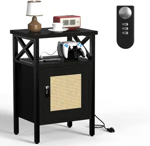 Rattan Nightstand with Lock, End Table with  Station, Side Table with Door and Open Shelf, Modern Wooden Bedside Table for Bedroom, Living Room, Dorm, Black