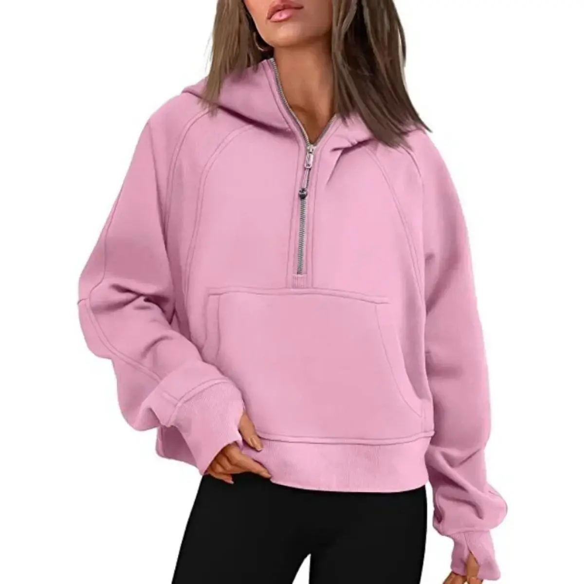 Women's TRNDY LAB Oversized Scuba Half-Zip Hoodie - Long Sleeve, Waist-Length, Soft, Casual, Fitted Winter Top for Leisure, Yoga