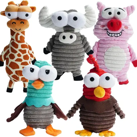 Nocciola 5-Piece Polyester Blend Animal Print Barnyard Dog Toys, Interactive Chew, Squeaky, Durable Cartoon Plush, Teeth Cleaning Stimulating, for Small to Large Dogs, Christmas Gift