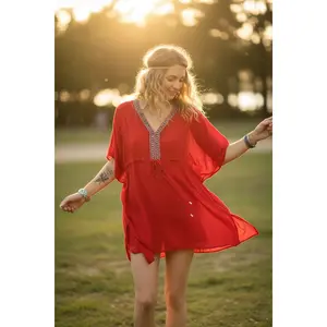 Ruby Glow Kaftan – Red Boho Beach Cover Up Dress (S–XL)