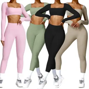 Women's 2-Piece Gym Set: Square Neck Crop Top & High Waist Yoga Leggings Stretchy Gym Clothing for Yoga, Running Sets
