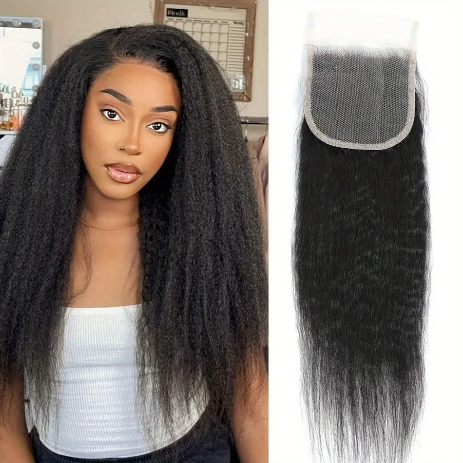 Wholesale NEW Arrived Kinky Straight 4x4 Lace Closure 150% Density Brazilian Human Hair Hand Tied Swiss Lace Closure 12A Unprocessed Yaki Straight Virgin Hair Lace Closure Bleached KNOTS Natural Black Color Part