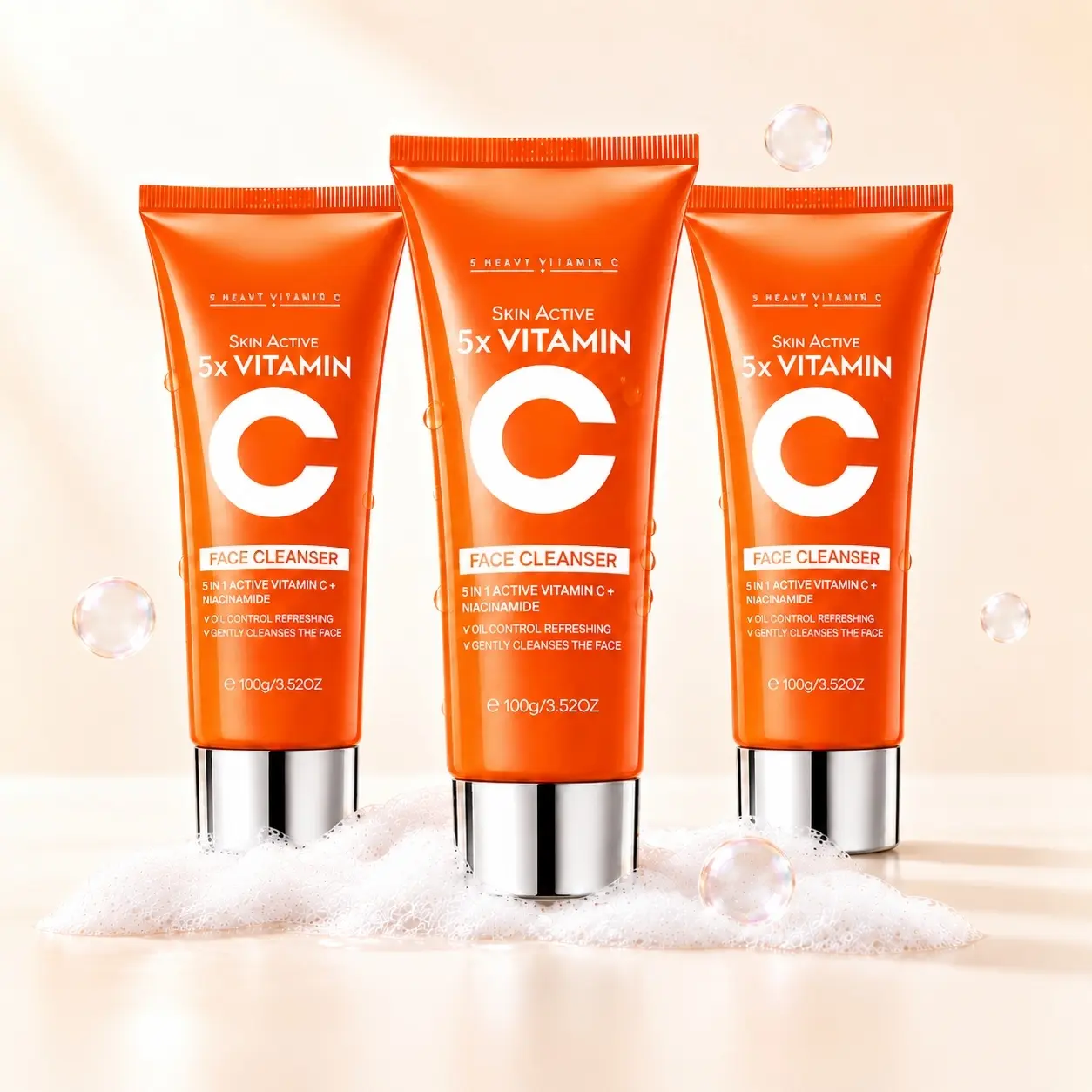 【BUY 1 GET 2 FREE】Vitamin C Facial Cleanser with Niacinamide and Centella Asiatica, Refreshing Oil-Control Face Wash for Daily Skincare, 100g Cleansing