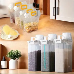 5-piece set of airtight food storage containers with lids: 1 84.54 oz grain storage bucket + 3 50.72 oz grain storage bags + 1 mini funnel. Suitable for grains, nuts, flour, rice, kitchen storage, portable use, food preservation, Pantry Storage Containers