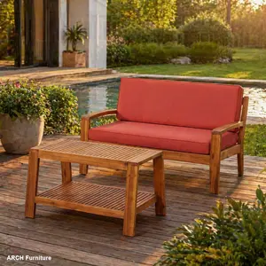 ARCH by Christopher Knight Home 2-Piece Modern Patio Outdoor Furniture Set - Teak Acacia Wood Conversation Set, Loveseat, Coffee Table, Red Water-Resistant Cushions, 350 lbs Weight Capacity, Minimalist Decor for Patio, Deck, Modern Patio Set