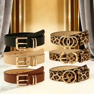 SHIFFRINKEN Women's 6-Pack Waist Belts - Heavy-Duty PU Leather, Solid Color & Leopard Print, Gold Multi-Buckles (Double Keeper Pin, Triple Ring, C Round, Frame), Adjustable, Versatile for Jeans, Dresses, Multi Sizes, Waist Belt