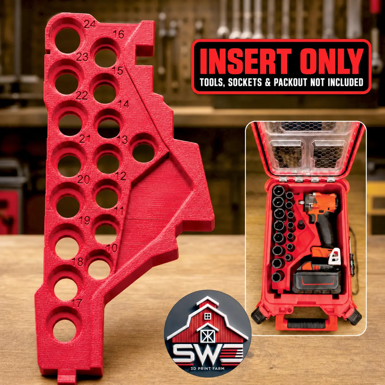 M18 Impact Wrench 2855-20 + 16PC 1/2 in Socket Set Organizer Insert for Milwaukee Packout 48-22-8435 — INSERT ONLY