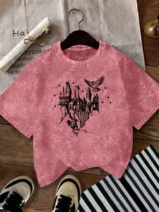 Magic Wizard Print Women's Summer Round Neck Short Sleeve, Vintage Casual Daily Everyday Washed T-Shirt Top, Fitted Cartoon Pattern