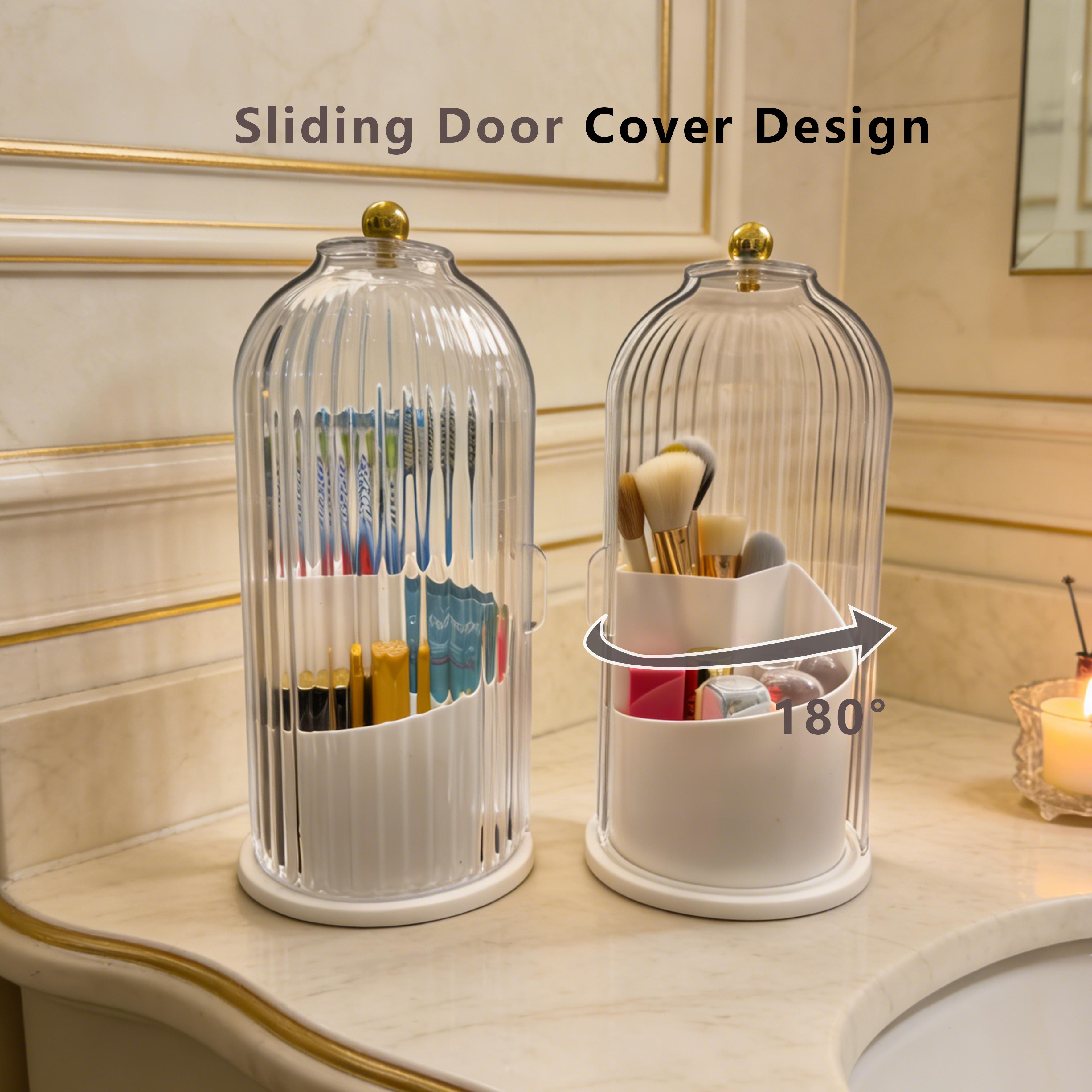 Bathroom Organizer Must Have,Mother’s Day Gift for Her,Bathroom Countertop Organizer for Toothbrush and Makeup Brush,360 Rotating Clear Organizer,Dustproof Waterproof 3-Slot Bathroom Essentials Holder,Anti-Slip Base Concealed Toothbrush Organizer