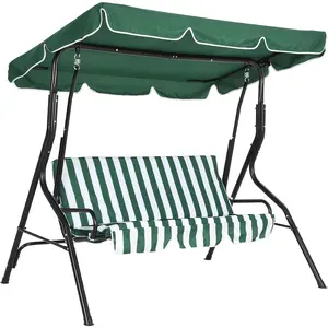 3-Seat Outdoor Porch Swing Chair with Adjustable Canopy Thickened Cushions Glider Bench with Non-Slip Feet Strong Spring Hooks UV Resistant Waterproof 500 Lbs Capacity for Patio Garden Backyard Green Stripe