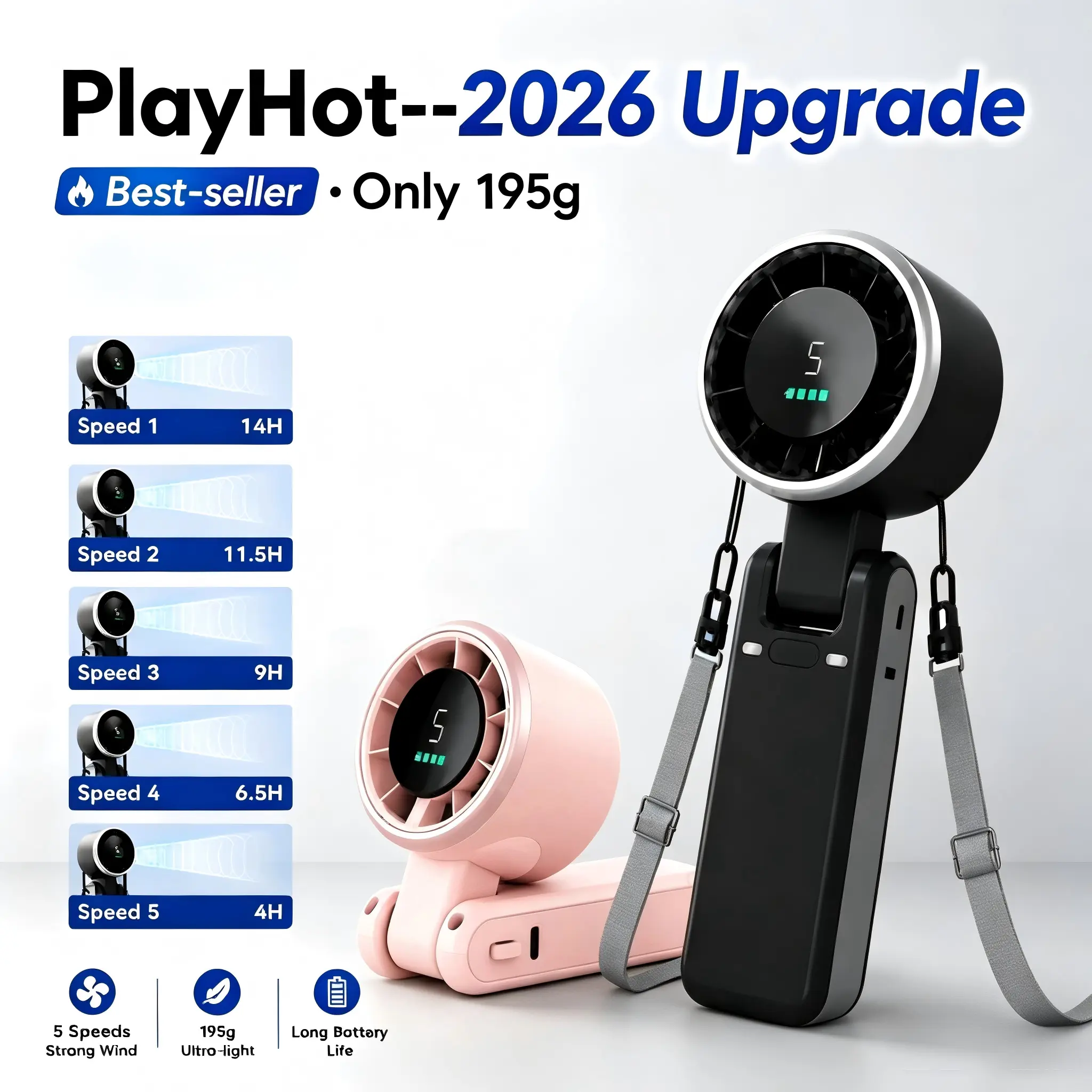 New 3-in-1 Personal Portable Fan, wearable neck & handheld dual design, 5 adjustable wind speeds with digital display, USB rechargeable, large-capacity battery for long-lasting runtime. Perfect for travel, beach trips, outdoor activities and office use