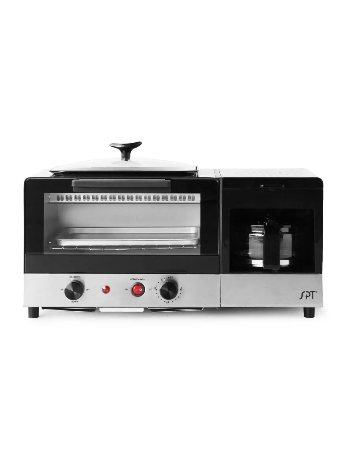 Sunpentown BM-1120BB Compact 3-in-1 Stainless Steel Black Multi-Cooking Breakfast Maker, 15-Minute Timer, Baking Tray, Baking Rack, Crumb Tray, 9L, 10 lbs Capacity, 120V/60Hz, Modern, Ideal for Dorms, 15 Minutes