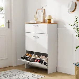 VINGLI Shoe Cabinet Storage for Entryway, Hidden Shoe Cabinet with 2 Flip Drawers & Drop-Down Door, Shoe Organizer Cabinet, Shoe Rack Cabinet, Modern Shoe Storage Cabinet, Shoes Cabinet White & Oak