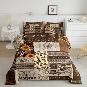 Western Cowboy Comforter Set,Wild West Desert Horse Shoe Print Bedding Set,Geometric Grid Brown Plaid Print Comforter for Boys Teens,Bedroom Decor