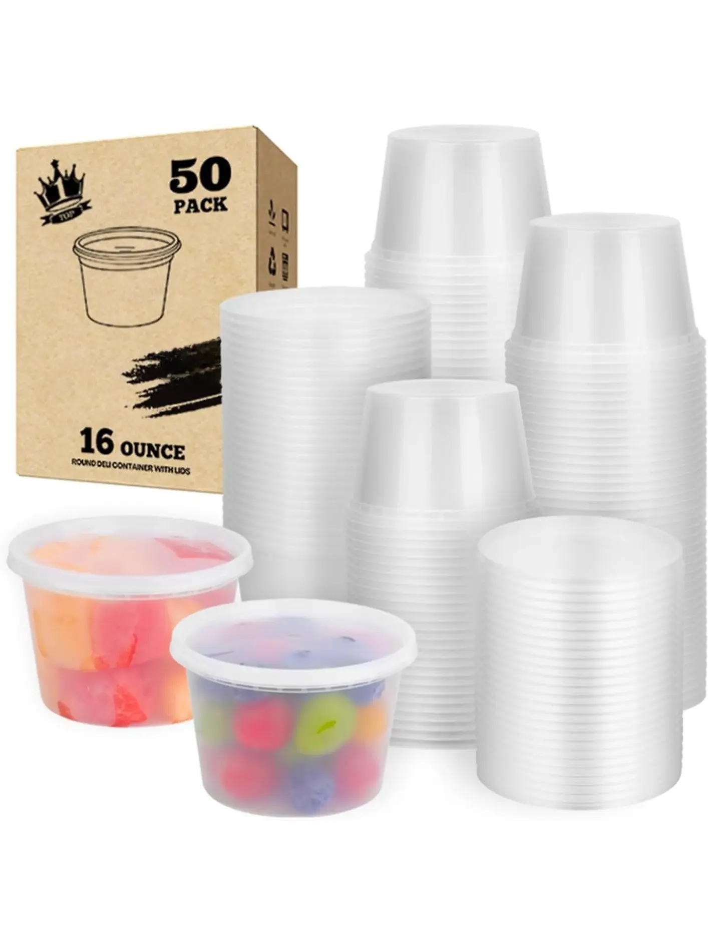 50set - 16oz Plastic Deli Container with lids, Airtight, for Slime, Soup, Meal Prep, BPA Free, Stackable, Leak Resistant, Microwave/Freezer Safe
