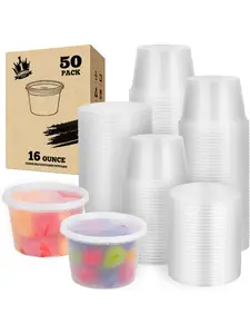 50set - 16oz Plastic Deli Container with lids, Airtight, for Slime, Soup, Meal Prep, BPA Free, Stackable, Leak Resistant, Microwave/Freezer Safe