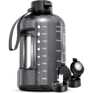 1 Gallon Water Bottle with Time Marker - Straw & Chug Lid - BPA Free Gym Water Bottle with Straw - Big Gallon Jug (Gray, 128 oz - 2 Lids)