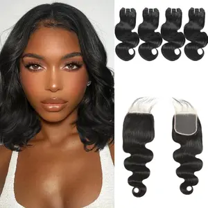 Wave  with Closure Human Hair 8 8 8 8 with 10 Inch 4x4  Lace Closure 12A   Brazilian Virgin Human Hair Extensions  Wave 4  and Closure Quick Weave Bundle for Women