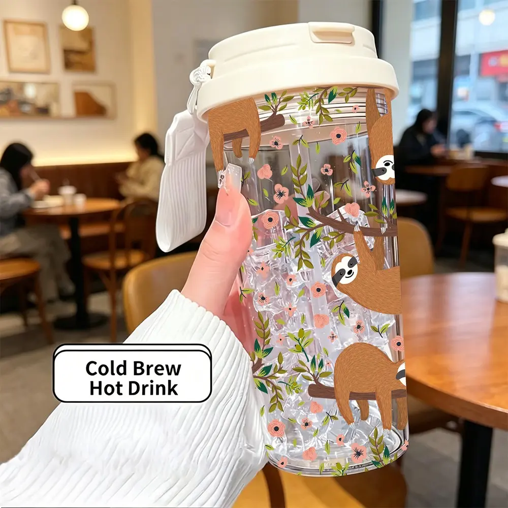 17oz/500ML Heat-Resistant Reusable Plastic Coffee Cup, Drinking Tumbler, Reusable Tumbler Bottles, Dual-Sip Straw & Handle Design, Cute Sloth Print, Ideal Gift for Birthdays, Holidays, Graduation