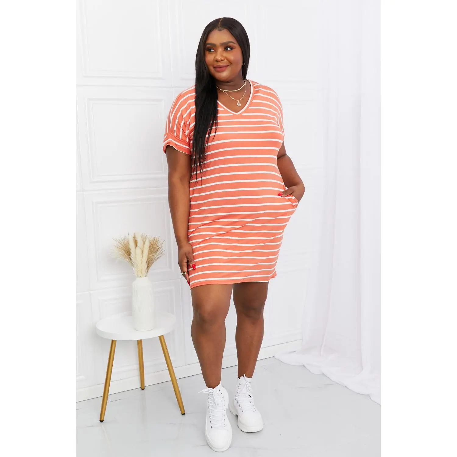 Zenana Full Size Striped V-Neck Pocket Dress
