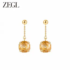 ZEGL 14K Gold-Plated Natural Citrine Earrings, Rose-Cut Citrine, Sparkling and Hypoallergenic, Christmas Gifts, Mother's Day, Valentine's Day, Birthday, and Anniversary Gifts, Jewelry Gifts