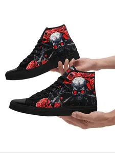Gothic Skull Print High Top Sneakers, Fashionable Lace Up Front Chunky Sneakers, Breathable Non-slip Sneakers for Men and Women