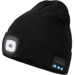 Bluetooth Beanie with LED Light & Built-in Earphones Unisex USB Rechargeable 4 LED Flashlight Hat for Men Him Husband Teen Christmas Gifts