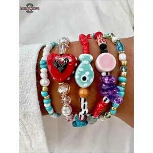 Women's 5-Pcs Bohemian Ceramic Fish Heart Bead Bracelets, Casual Plain Design, Random Colors, Ideal for Daily Wear & Vacation