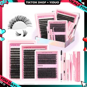 YIDUO Eyelash Extension Kit with 2X Bond&Seal 10-20mm 60D+80D+100D Volume 3D Lash Clusters Kit 3 Styles 760Pcs Wispy Natural Soft DIY Individual Lash Clusters Kit Box for Beginners