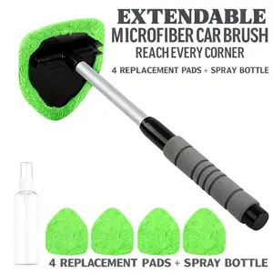 Click to see full view Windshield Cleaning Tool, Car Interior Window Cleaning Kit with Extendable Handle & 3Microfiber Pads, Auto Inside Glass Wiper Kit for Car & Home Windows