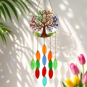 Colorful Tree of Life Suncatcher Wind Chime, Bohemian Wind Chime, Decorative Wind Chime, Stained Glass Ornament, Rainbow Leaf Pendants, Home Patio Yard Decor, Boho Gift for Mom Women