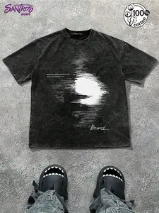 Unisex 100% Cotton Washed Black Oversized Casual T-Shirt with Abstract Brushstroke Portrait Print Dark Alt Streetwear Top