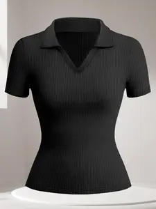 Women's Solid V Neck Polo Shirt, Casual Basic Short Sleeve Collared T-Shirt for Summer, Ladies Clothes for Daily Wear, Top, Womenswear