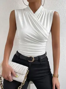 White Cross Wrap High Neck Sleeveless Top - 2026 Trending Minimalist Chic Style, Soft Fabric for Office & Daily Versatile Ruched Sleeveless Top - Casual Elegant Outfit, Wrinkle Resistant for Weekend & Date, Womenswear