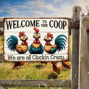 "Welcome To Our Coop" Funny Chicken 8x12 inch Metal Sign - Cluckin' Crazy Farmhouse Chicken Coop Decor | Weather-Resistant Rooster Wall Art with Pre-Drilled Holes