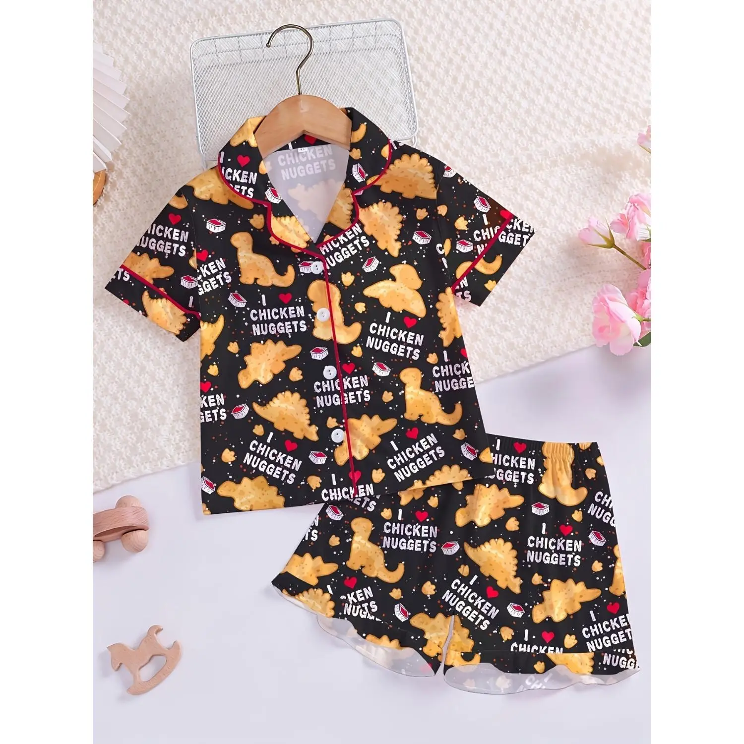 2pcs Adorable Cartoon Dinosaur Print Pajama Set - Short-Sleeve Turn-Down Collar Top & Elastic Cuffed Shorts, Soft Flame-Retardant Polyester Sleepwear for Kids