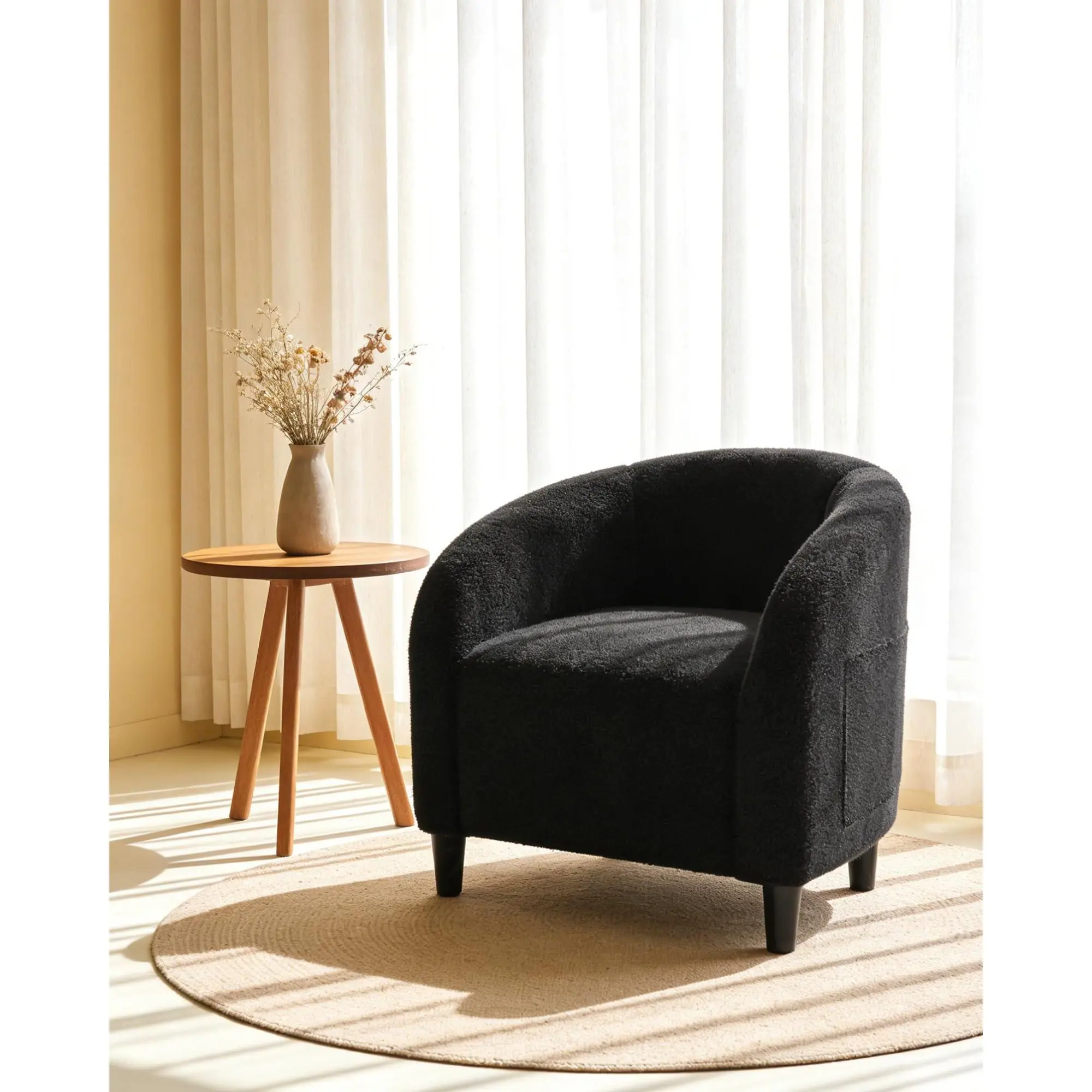 GARVEE Accent Barrel Chair - Boucle Furry Sherpa Armchair, Barrel Shape Seating for Living Room, Bedroom (Black), Accent Chair
