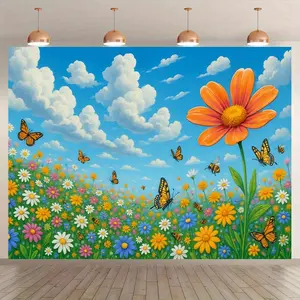 Polyester Floral Print Butterfly Meadow Backdrop - Reusable 2D Flat Vibrant Banner with Daisy and Clouds, for Sunny Spring Garden Birthday Photography, Multi-Size Available