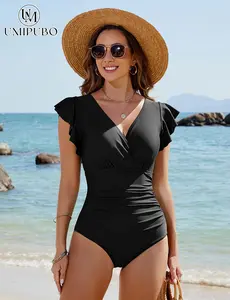 UMIPUBO Ruffle-sleeve V-neck one-piece swimsuit Shortsleeve Vneck