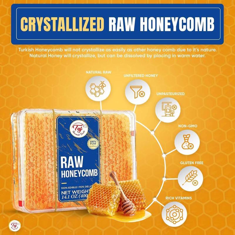 Taj Gourmet All Natural Raw Honeycomb Honey Pure Turkish Raw Honey Comb -All Natural Edible Honey Combs Raw Edible - Perfect For Healthy Smoothies Honey With Honeycomb, 200g (7.05oz)