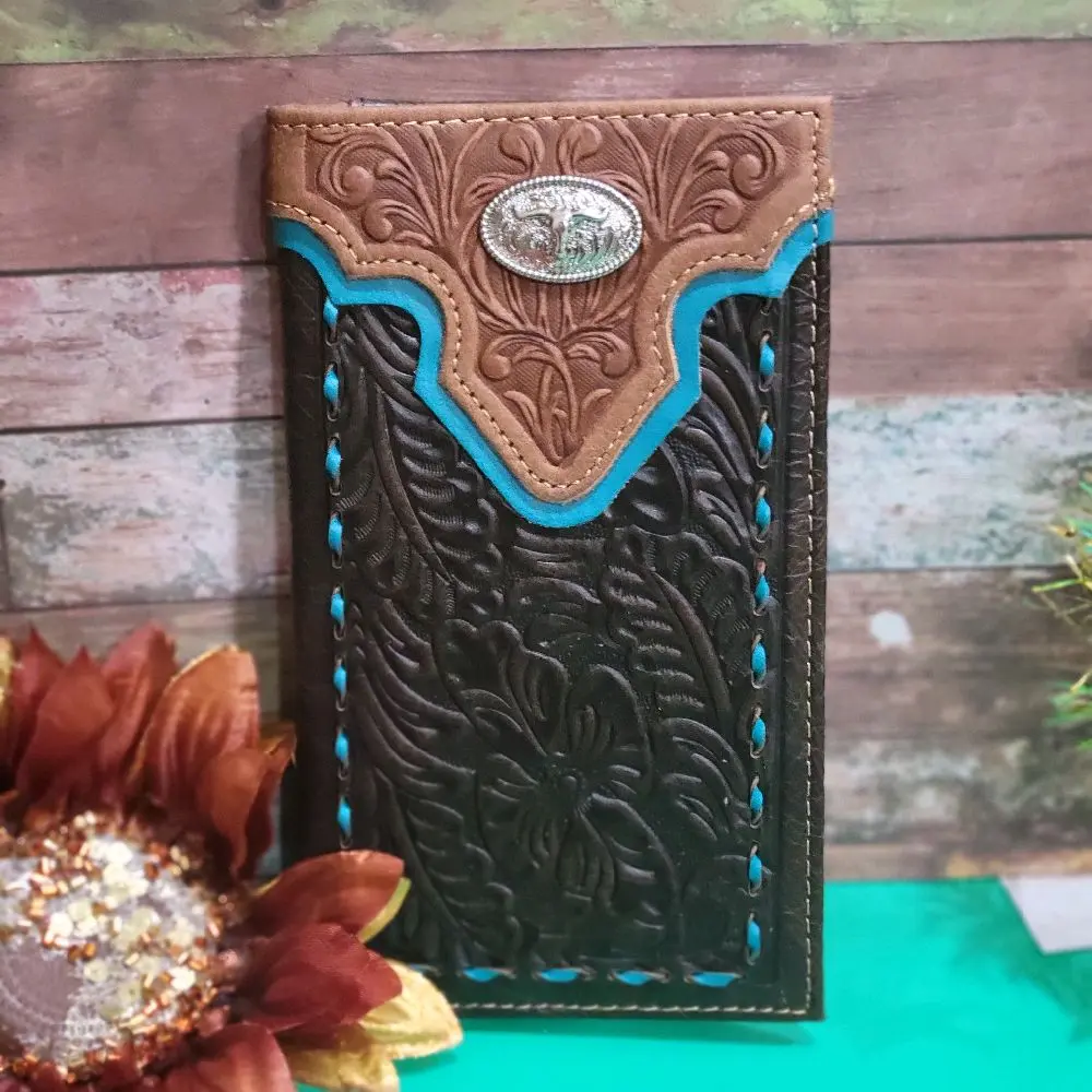 Longhorn Western Genuine Leather Wallet Handtooled Basketweave Bi-Fold 7 Inches Long with 13 Credit Card Slots, 4 Cash Compartments & Back Pocket brown and teal