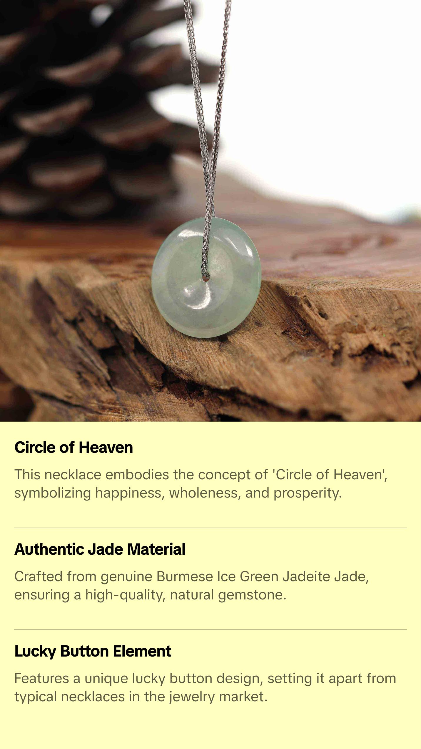 Baikalla "Good Luck Button" Necklace Ice Green Jadeite Jade Lucky Ping An Kou Pendant