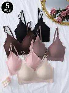 5-Pack Youthful Fashion Deep V Everyday Womenswear Bra, Wireless Wave Edge Removable Pads, Adjustable Strap, Medium Support, All Seasons, Sexy Style