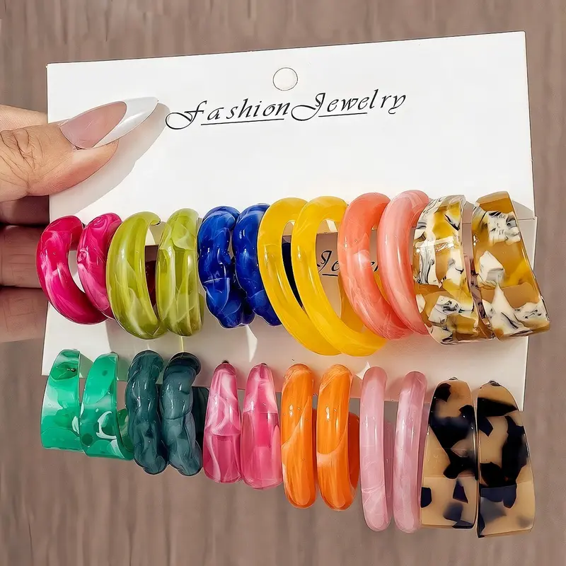 12 Pairs Earring Set, Fashion Resin Multicolor C-Shape Leopard Print, Elegant Boho Style, Ear Stack Earrings Set, Fashionable Earrings, Perfect for Daily Wear, Parties, Birthdays, Earring Stacks, High Quality Earrings
