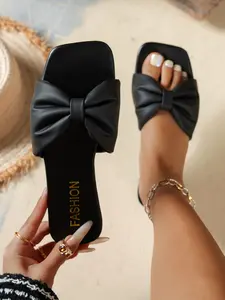 Annual New Fashion Large Bow Classic Sandals, Square Toe Flat Shoes, Outdoor Home Beach Office Party Versatile Slip-Ons Footwear