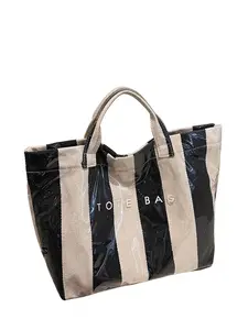Fashion Letter Design Tote Bag Large Capacity Striped Color Block Clear PVC Handbag Simple Retro Style Work Bag Ideal for Work Study Shopping & Gift for Friends