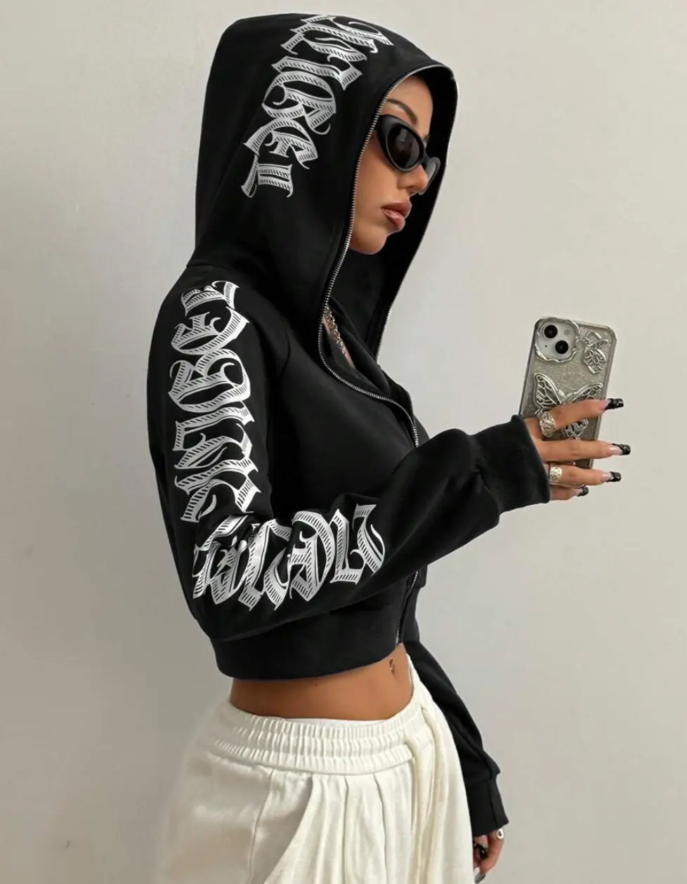 SHANIAH Women Gothic Font Cropped Zip Front Hoodie Sweatshirt, Fall Winter, Streetwear, Style, Back To School Pullover Fall