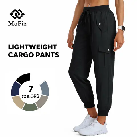 MoFiz Women's Lightweight Synthetic Cargo Athleisure Style Pants - Soft Stretchable, Relaxed Fit Elastic Drawstring Joggers, Utility Pockets, Machine Washable Drawstring Workout Jogger for Travel, Hiking