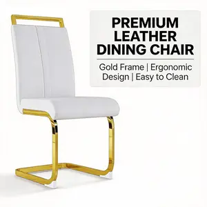 Modern Dining Chairs PU Faux Leather High Back Upholstered Side Chair with C-shaped Tube Plating Metal Legs for Dining Room Kitchen Vanity Patio Club Guest Office Chair Set of 4 White PU Leather