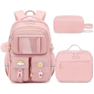 School Backpack for Girls - 5pcs Cute Girls Backpack with Lunch Box for Teens Kids Elementary Middle School - 17″ Students Bookbag Travel Back Pack for Age 6-18